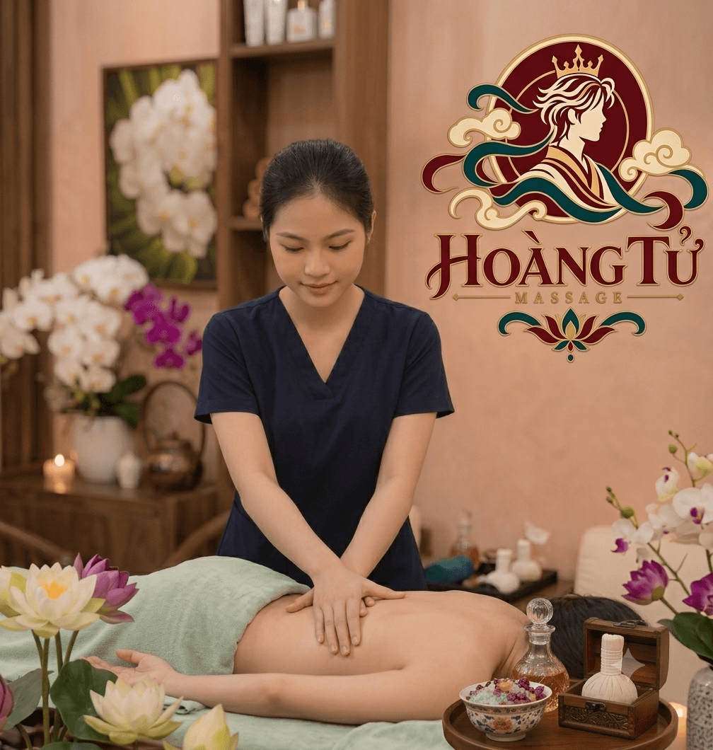 Kỹ thuật viên Massage Hoàng Tử thực hiện liệu trình massage trị liệu cổ vai gáy và lưng cho khách hàng